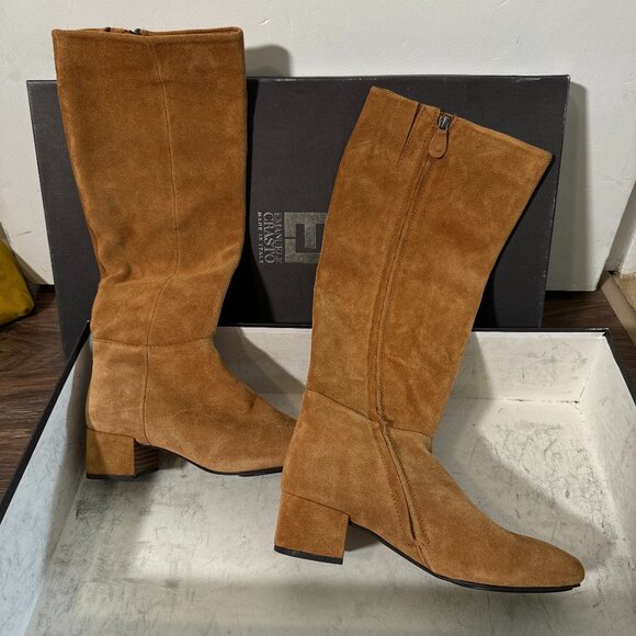 Gentle Souls by Kenneth Cole Knee High Tan Suede Leather Heeled Boot Zip Up - Picture 4 of 7